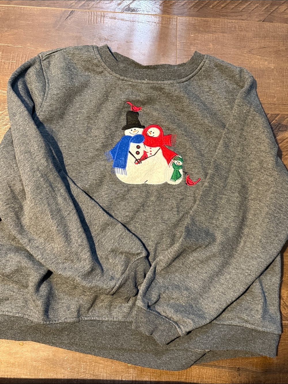 Rebecca Malone Gray Crewneck Sweatshirt with Embroidered Snowmen and Cardinals